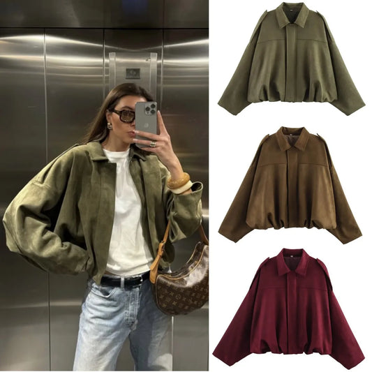 ETJ 2025   new women's suede texture effect Loose version of fashion lapel shoulder bomber jacket