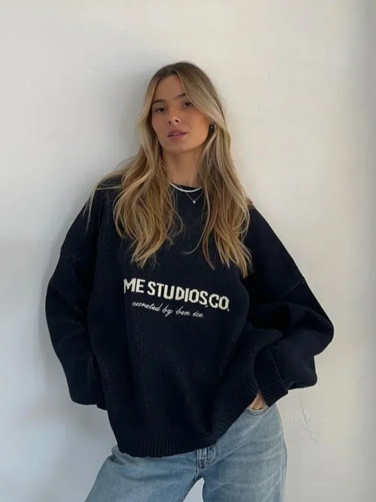 Yellow Knitted Letter Sweater Women Elegant Round Neck Long Sleeve Short Pullover Casual Lady New Street Autumn Holiday Sweaters
