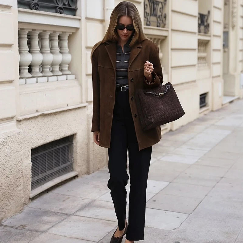 HXAO Women's Jacket Old money Jackets Brown Leather Suede Jacket Coat Vintage Demi-season Jacket Autumn Winter New in Outerwears