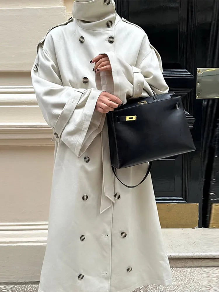 Elegant Lapel Long Windbreakers Women Patchwork Double Breasted Lace Up Oversize Trench Coat 2025 Autumn Street Lady Outerwears