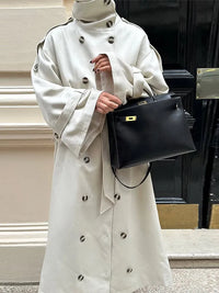 Elegant Lapel Long Windbreakers Women Patchwork Double Breasted Lace Up Oversize Trench Coat 2025 Autumn Street Lady Outerwears