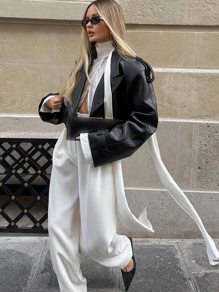 Black Cropped Leather Jacket Women Fashion Lapel Long Sleeve Loose Short Coat 2025 Autumn Lady Chic Solid High Street Outwear