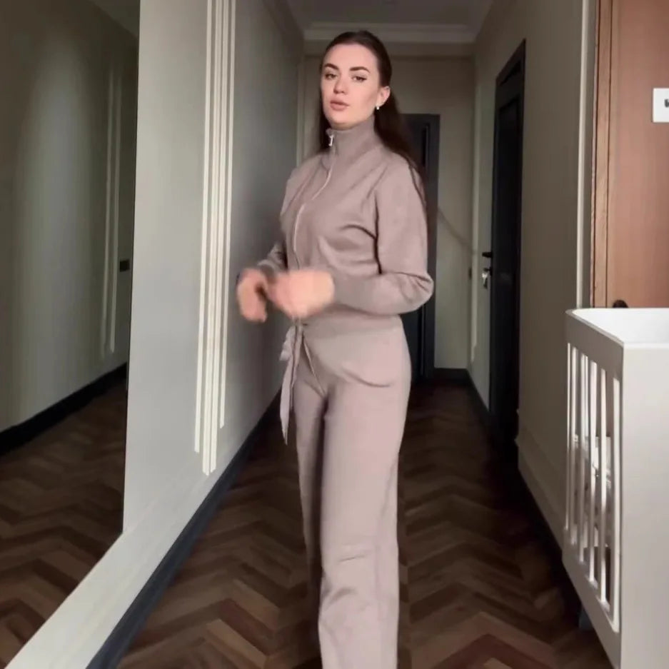 Two Piece Set Women Knitted Tracksuits Elegant Zipper Long Sleeve Sweater+High Waist Cotton Pants 2025 Fall Winter Clothes