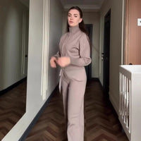 Two Piece Set Women Knitted Tracksuits Elegant Zipper Long Sleeve Sweater+High Waist Cotton Pants 2025 Fall Winter Clothes