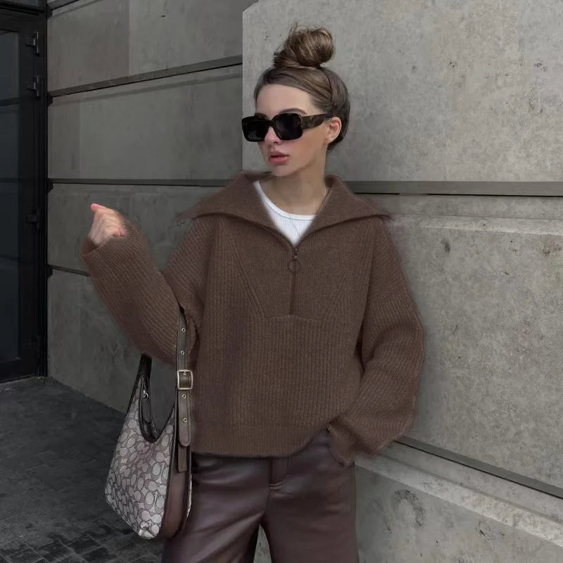 2025 Autumn/Winter Fashion Casual Solid Color Warm Fashion Knitted Women's Zipper Collar Sweater