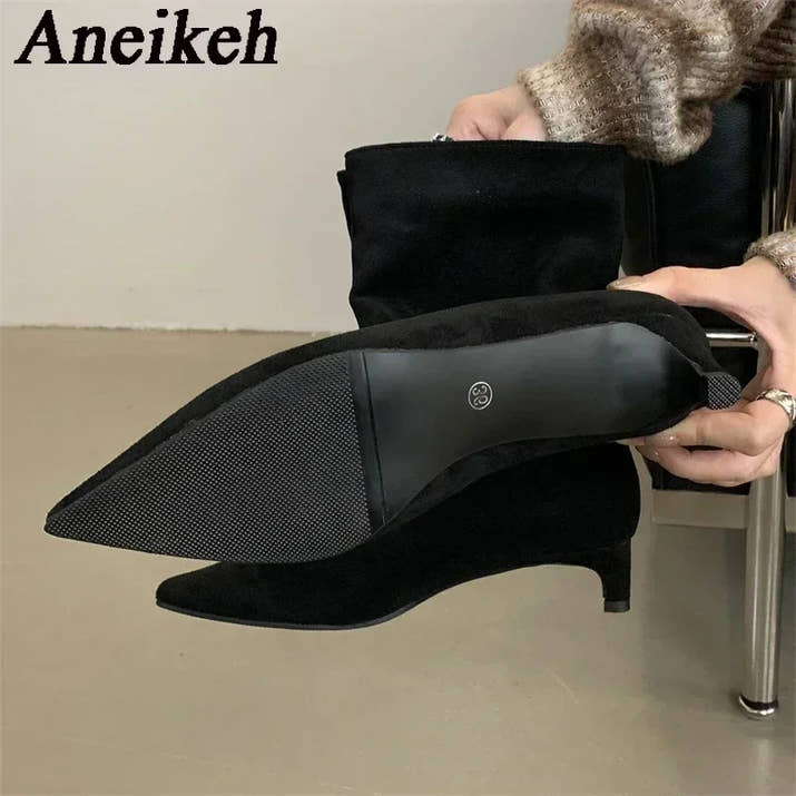 Aneikeh Sexy Women Pointed Toe Vintage Ankle Boots Thin Low Heel Warm Knight Boots Fashion Slip on Party Wedding Shoes Woman
