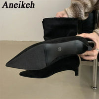 Aneikeh Sexy Women Pointed Toe Vintage Ankle Boots Thin Low Heel Warm Knight Boots Fashion Slip on Party Wedding Shoes Woman