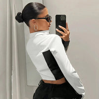 Women's Black White PU Paneled Cropped Jackets Punk Grunge Zipper Slim Y2K Clothes 2025 Fall Moto Biker Casual Y2K Coat