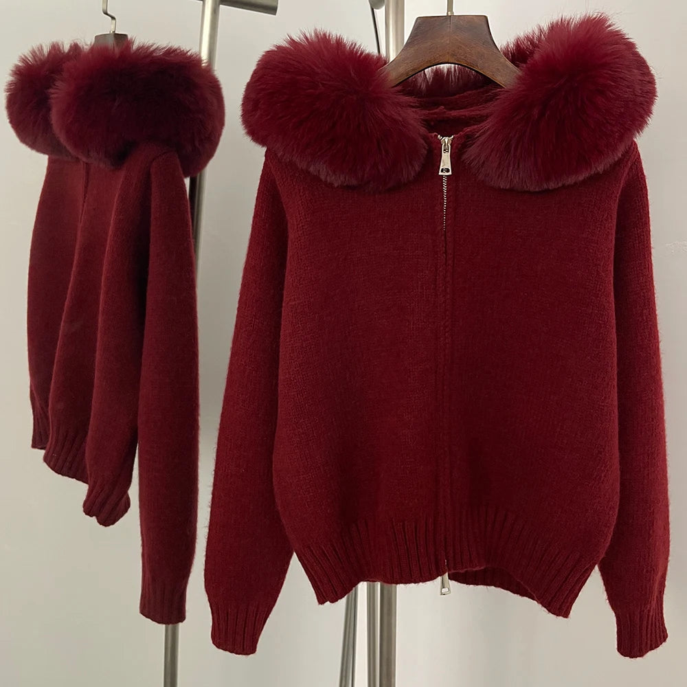 OFTBUY Hooded Oversized Cardigan Women 2025 Autumn Faux Fur Sweater Female Solid Fake Fur Knitting Coat Fashion Loose Knitwear