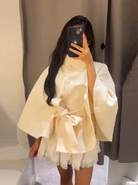 Fashion Solid Stand Collar Short Jacket Women Elegant Flared Sleeve  Buttoned Lace Up Coats 2025 Autumn Lady Office Street Wear