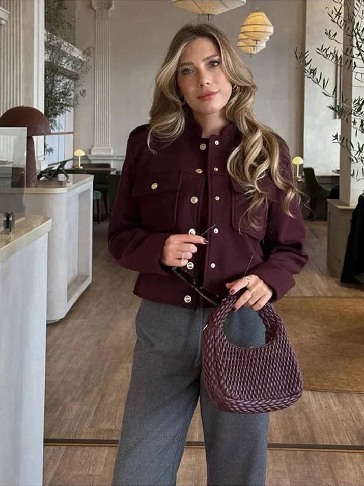 Vintage Wine Red Single Breasted Woolen Jackets Women Elegant Long Sleeve With Pockets Coat Autumn Winter Office Lady Outerwear