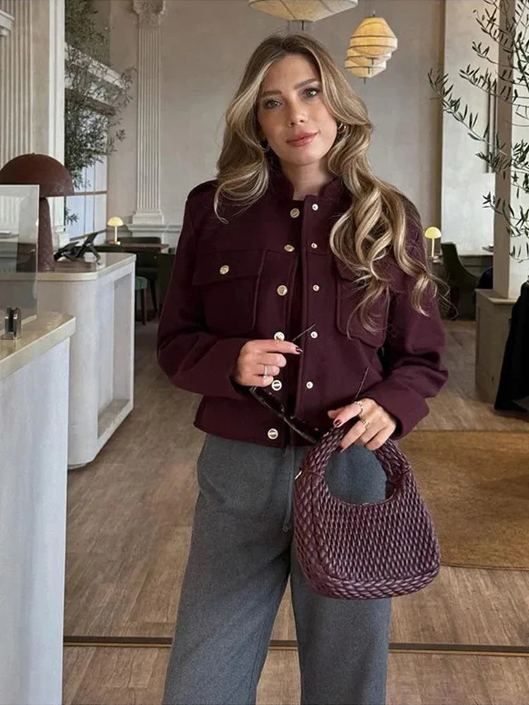 Vintage Wine Red Single Breasted Woolen Jackets Women Elegant Long Sleeve With Pockets Coat Autumn Winter Office Lady Outerwear