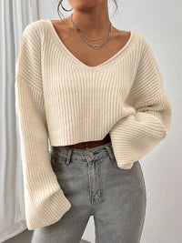 Fashion V-neck solid color knitted sweater loose top women's striped outfit with three-dimensional texture sweater