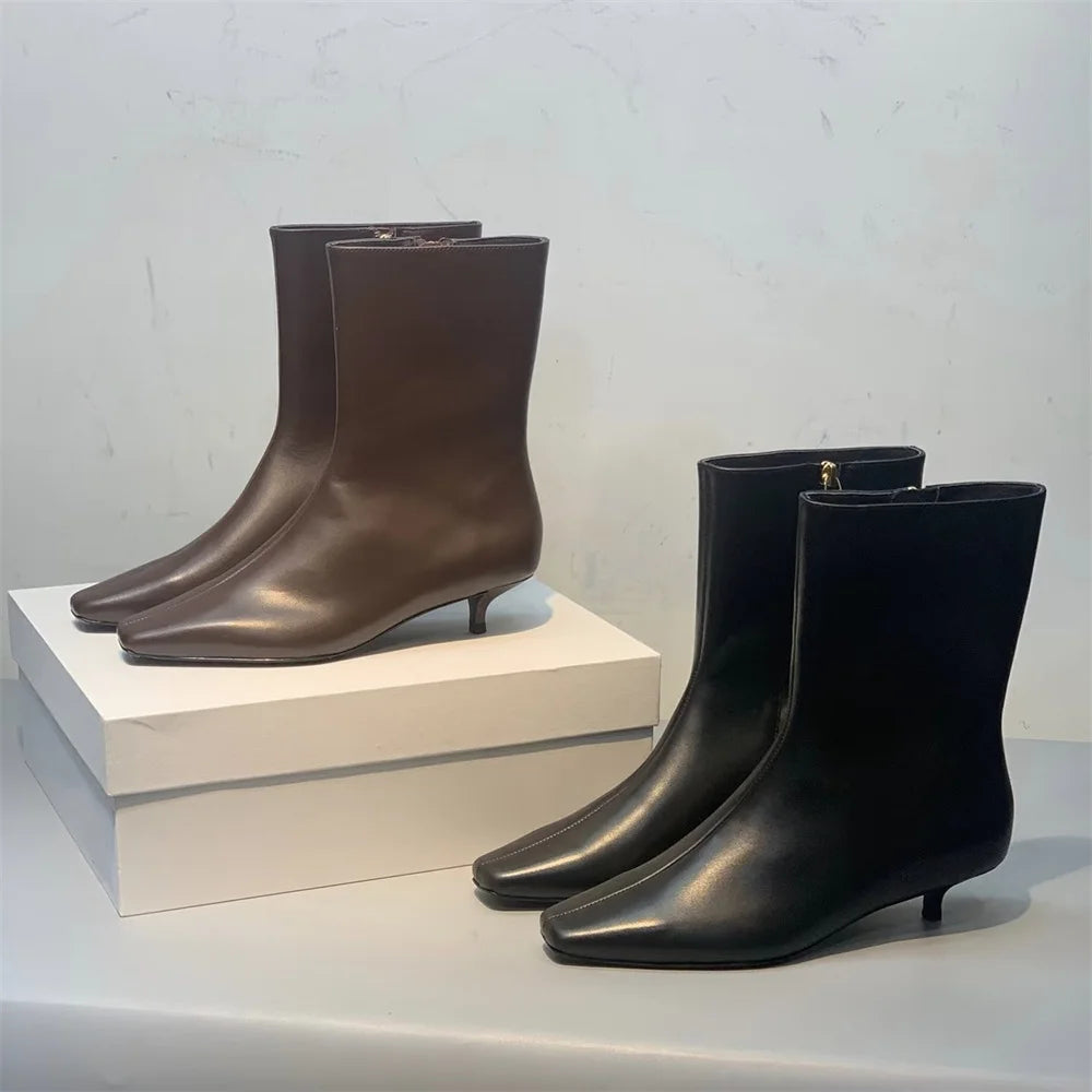 FEDONAS 2025 New Genuine Leather Ankle Boots For Women Kitten High Heels Pumps Leather Elegant Fashion Street Short Boots Shoes