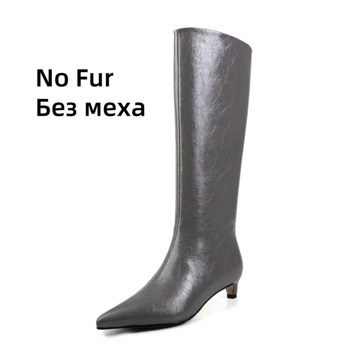 FEDONA Women Knee High Boots Cow Leather Kitten High Heels Long Warm Autumn Winter Knight Boots Female High Pointed Toe Boots