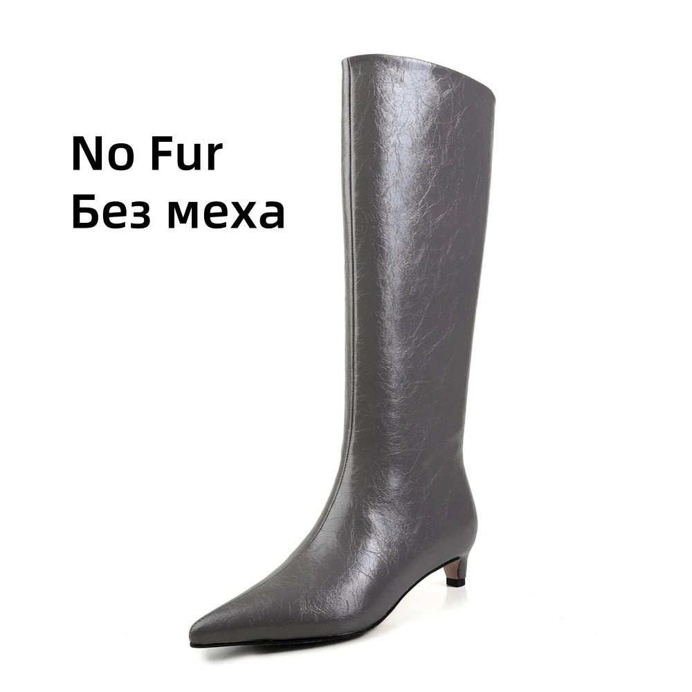 FEDONA Women Knee High Boots Cow Leather Kitten High Heels Long Warm Autumn Winter Knight Boots Female High Pointed Toe Boots