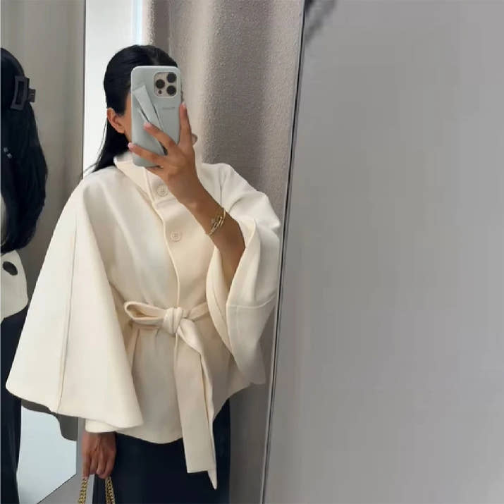 Fashion Solid Stand Collar Short Jacket Women Elegant Flared Sleeve  Buttoned Lace Up Coats 2025 Autumn Lady Office Street Wear