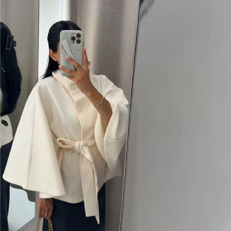 Fashion Solid Stand Collar Short Jacket Women Elegant Flared Sleeve  Buttoned Lace Up Coats 2025 Autumn Lady Office Street Wear
