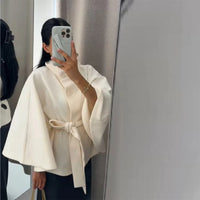 Fashion Solid Stand Collar Short Jacket Women Elegant Flared Sleeve  Buttoned Lace Up Coats 2025 Autumn Lady Office Street Wear